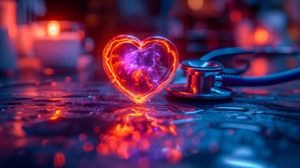 Red heart with stethoscope on dark background - obrazy, fototapety, plakaty