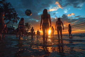 Enthusiastic beach volleyball game at sunset creates silhouettes against the fiery sky, embodying...