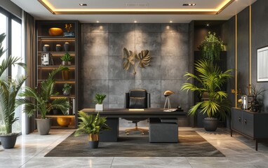 A modern office space with a large circular table and a few potted plants. The room has a minimalist design and a clean, modern feel