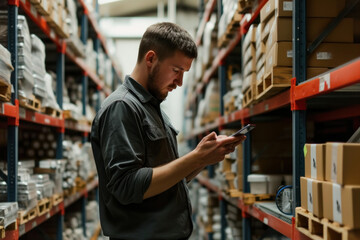 Worker checking inventory on mobile phone in busy warehouse environment, surrounded by shelves and boxes