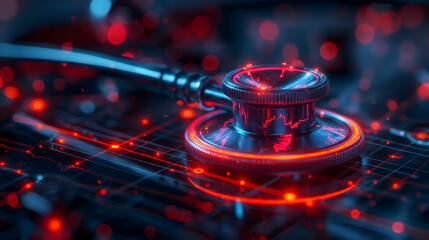 Stethoscope on the background of an electronic circuit. - obrazy, fototapety, plakaty