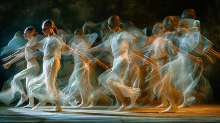 multiple-exposure image of ongoing action of balley dancers