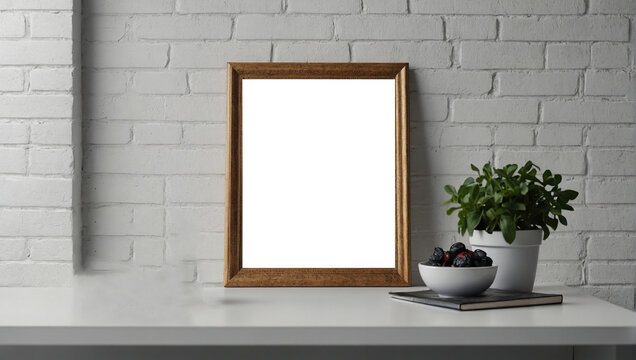 Empty frame mockup on a table leaning on the white wall 