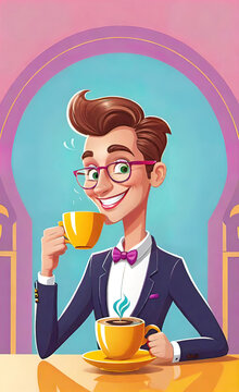 male manager drinking coffee in a cafe, vector illustration, advertising coffee and cafe,