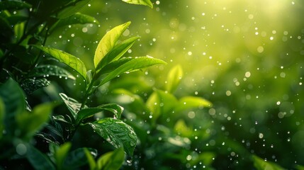 Sunlight shining through fresh green leaves with water droplets