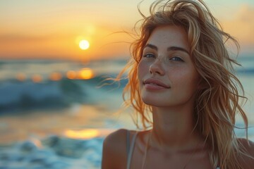 A golden hour portrait of a young woman with sea spray and a serene sunset backdrop