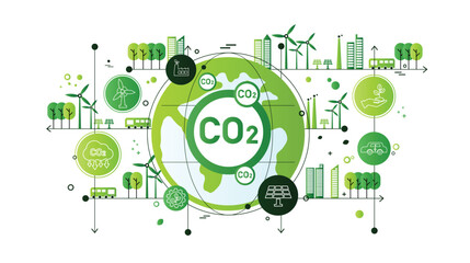 The concept of reduce co2 emission using clean energy and reduce climate change problem with flat icon vector illustration. Green environment templet infographic design for web banner.