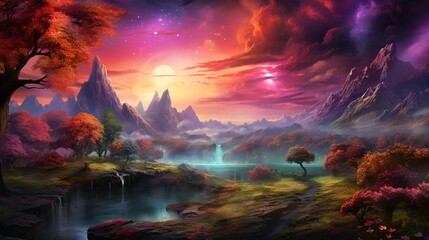 Iridescent skies and sparkling waters define the vibrant colorful worlds of fantasy