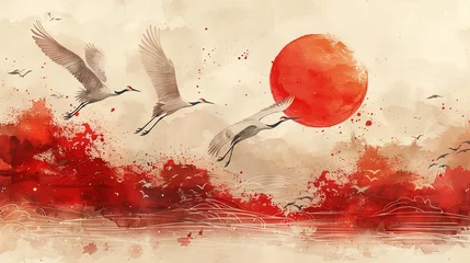 Foto op Plexiglas Modern illustration of crane birds or herons on a Japanese background. Hand drawn wave decorations in chinese cloud style with watercolor painting. © Mark