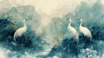 Foto op Plexiglas A Japanese background with crane birds or herons elements modern. Hand drawn wave chinese clouds in a vintage style. Watercolor painting with art abstract banner. © Mark