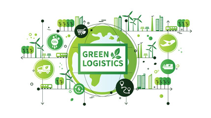 The concept of green logistics and supply chain with icons. Sustainable development, economy and clean, greenhouse-free transport in the form of electric, hybrid or hydrogen propulsion vector.