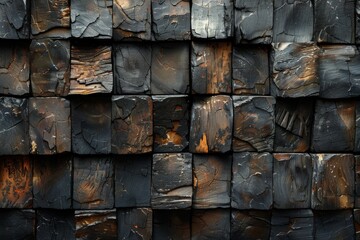 Detailed image showing the charred surface of wooden blocks, highlighting the patterns and texture of burnt wood
