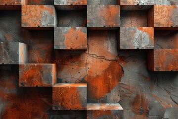 A vivid image showing highly textured metal cubes in a dynamic orange and grey arrangement, creating a 3D effect