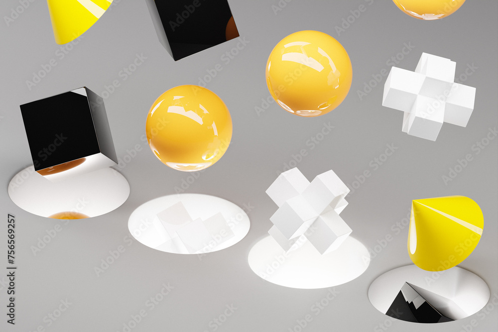 Poster 3d rendering, ideal shape, multi-colored volumetric figures falling into portals on a gray backgroun