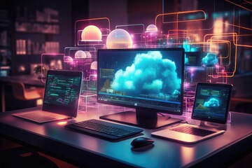International internet day: a world connected, linking people, electronic devices globally through a network. Cloud storage, seamless connectivity across computers, tablets, laptops, phones