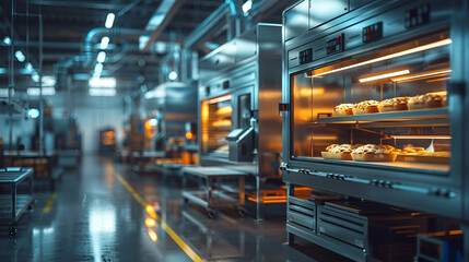 Baking equipment an oven a conveyor a production, Dessert bread baking in oven. Production oven at the bakery. Baking bread. Manufacture of bread, Production line of baking cookies. Generative Ai