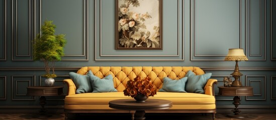 An inviting living room featuring a yellow couch, table, lamp, and painting on the wall. The perfect blend of comfort and stylish interior design