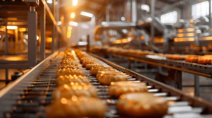 Rolgordijnen Baking equipment an oven a conveyor a production, Dessert bread baking in oven. Production oven at the bakery. Baking bread. Manufacture of bread, Production line of baking cookies. Generative Ai © xpert