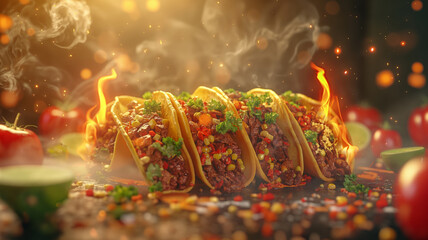 Tacos with flames and sparks out of focus, 3/4 front view in a horizontal layout, in a Mexican food-themed, photorealistic illustration in JPG. Generative ai