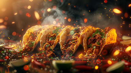 Fototapeta na wymiar Tacos with flames and sparks out of focus, 3/4 front view in a horizontal layout, in a Mexican food-themed, photorealistic illustration in JPG. Generative ai