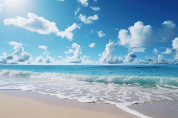 Fototapeta na wymiar Tropical Sandy Beach Paradise, ocean surf, blue sky with clouds background