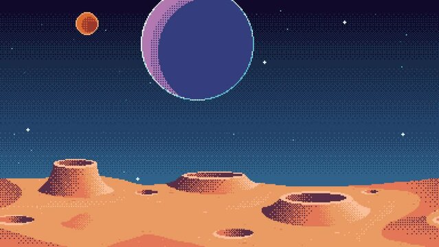 Pixel art space animation with satellites and falling stars.