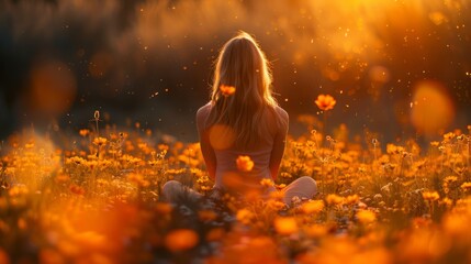 Woman meditating in orange flower field at sunset - obrazy, fototapety, plakaty