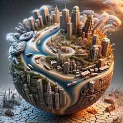 images of the globe with 3D buildings representing various cities, each highlighting the environmental concerns in the logistics industry due to storms, droughts, and other factors. 