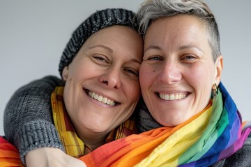 Close-up of gay a happy, proud couple supporting LGBTQ+, detailed facial features showing joy and solidarity.  - obrazy, fototapety, plakaty