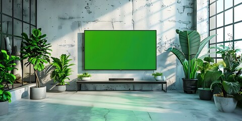 Front view of modern flat screen TV with green screen in minimalist white house . Concept Minimalist Decor, Green Screen Technology, Modern Living Room, Home Entertainment, Flat Screen TV