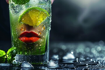 Sensual male lips enjoying a fresh Caipirinha cocktail on a dark grey background