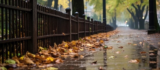A damp city sidewalk with fallen leaves, surrounded by plants and a wooden fence in the background - obrazy, fototapety, plakaty