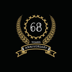 68st anniversary logo with gold and white frame and color. on black background