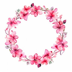 Watercolor floral wreath with pink flowers on a white background.