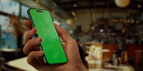 Person holding a smartphone with a green screen in a blurred cafe setting - 756570483