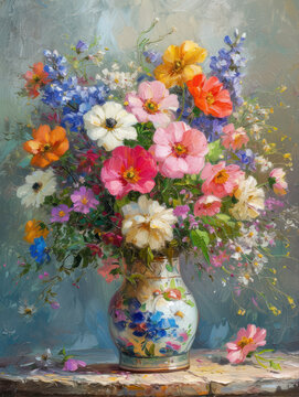 Bouquet of colorful spring flowers in a vase on the table