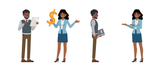 Fototapeta premium Set of Businessman and businesswoman character vector design. Indian people working in office planning and economic analysis illustration. Presentation in various action.