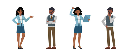 Set of Businessman and businesswoman character vector design. Indian people working in office planning and thinking illustration. Presentation in various action.