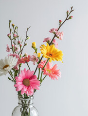Bouquet of daisies in vase on white background