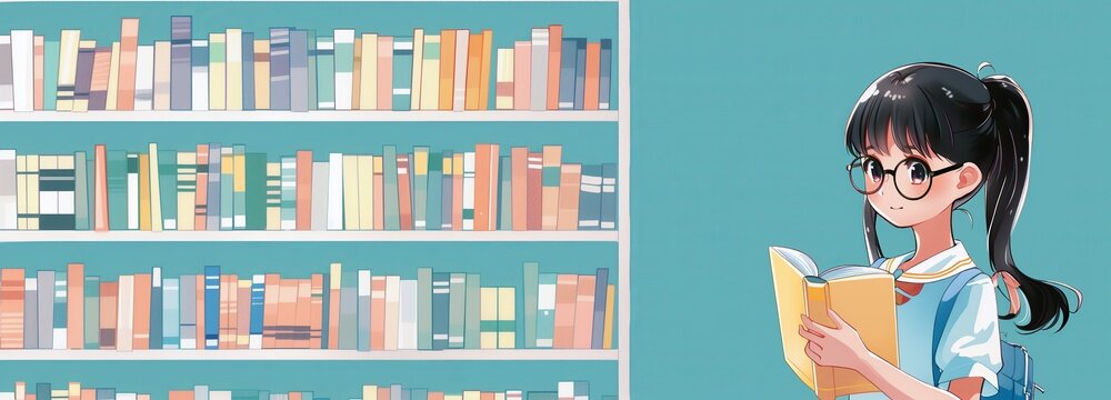 An illustration of a young female student wearing glasses and reading a book in the library.