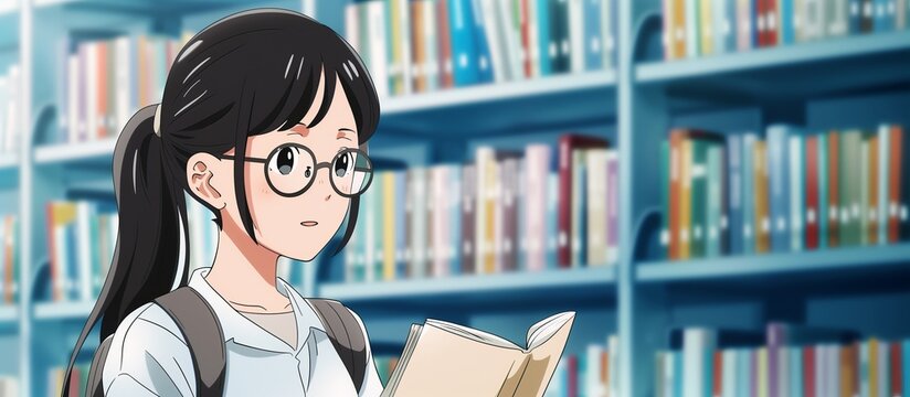 An illustration of a young female student wearing glasses and reading a book in the library.