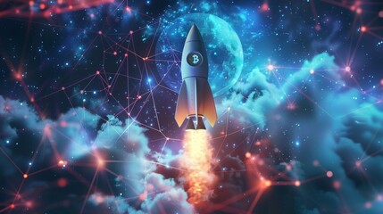 Epic Space Rocket Launch Illustration with Fiery Boosters, Signifying Breakthrough and Aspiration in Science and Technology

