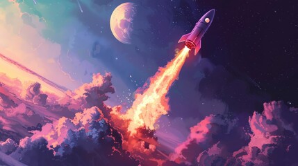 Vivid Illustration of a Cryptocurrency-Themed Rocket Soaring Through a Mystical Sky, Depicting the Aspiration of Crypto Investments

