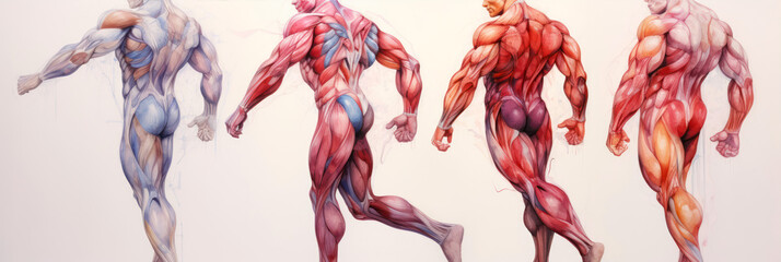Futuristic 3D rendering of a male human figure with muscles highlighted.