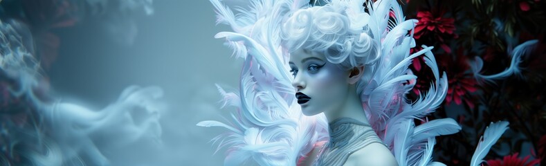 A beautiful portrait of a young woman with porcelain white skin and black lipstick wearing an elaborate Haute Couture fantasty costume made of pink and white feathers.