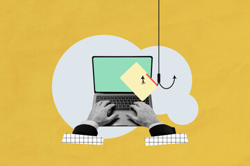 Creative collage picture laptop user web cyber security data loss fishing hook catch credit card fraud hacking privacy data protection