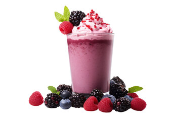 Bright purple berry smoothie consisting of blueberries, raspberries, blackberries. and Greek yogurt Served in a tall glass with a straw. 