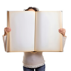 A girl on a white background holds a huge open book with empty pages in her hands
 - obrazy, fototapety, plakaty