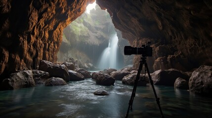 Laptop on a dark background with a hole in the ground