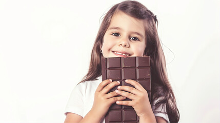 A girl on a white background holds a huge chocolate bar in her hands.
